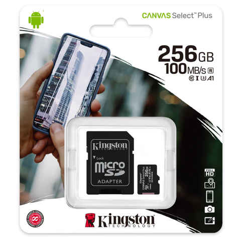 Carte mémoire MicroSD Kingston Canvas Select Plus 256 Go 100R A1 C10 avec adaptateur