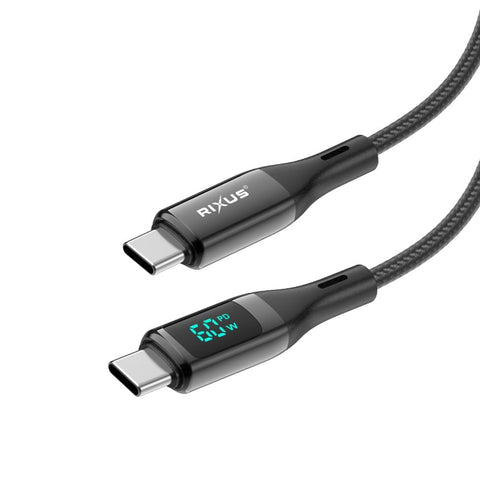 Câble USB-C tressé Rixus RXUC28C avec écran LED, 1 m, noir