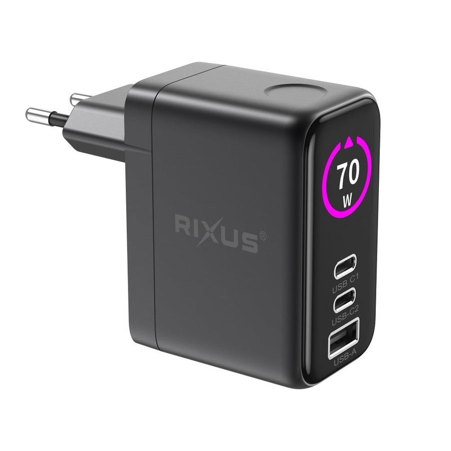 Adaptateur secteur Rixus RXHC50 GaN avec écran TFT 70 W gris sidéral