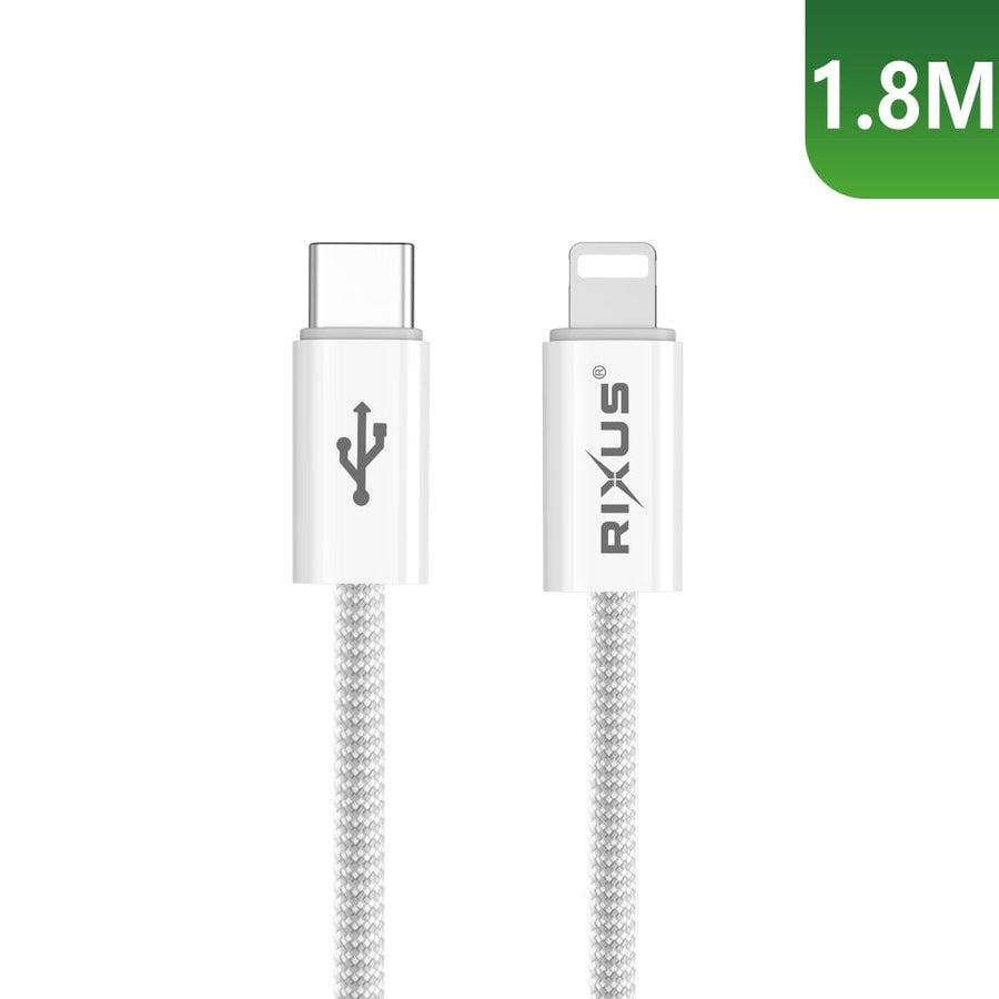 Câble de recharge rapide Rixus RXUC08L USB-C vers Lightning en nylon tressé, 1,8 m, blanc