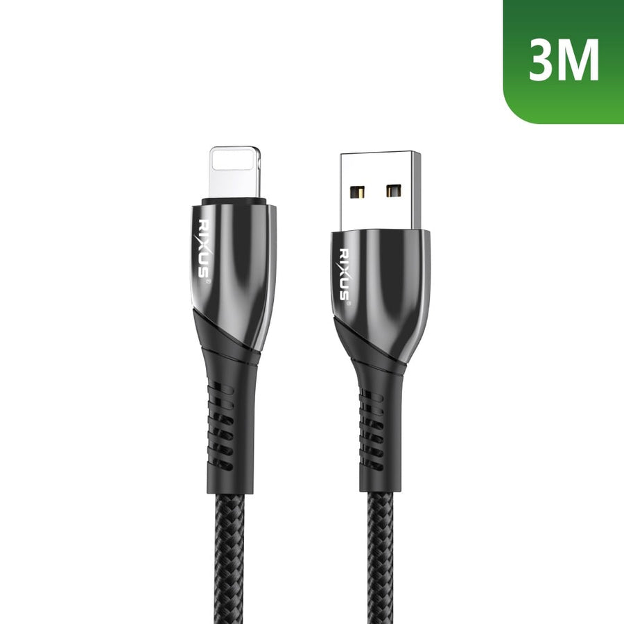 Câble de recharge Rixus RXUC39AL USB-A vers Lightning en nylon, 3 m, noir