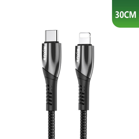 Câble de recharge rapide Rixus RXUC37L USB-C vers Lightning en nylon, 30 cm, noir