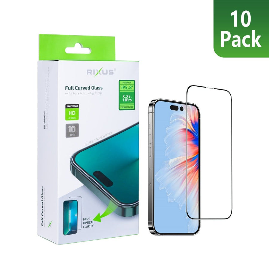 Verre trempé incurvé Rixus Clear HD pour Apple iPhone X, XS, 11 Pro (lot de 10)